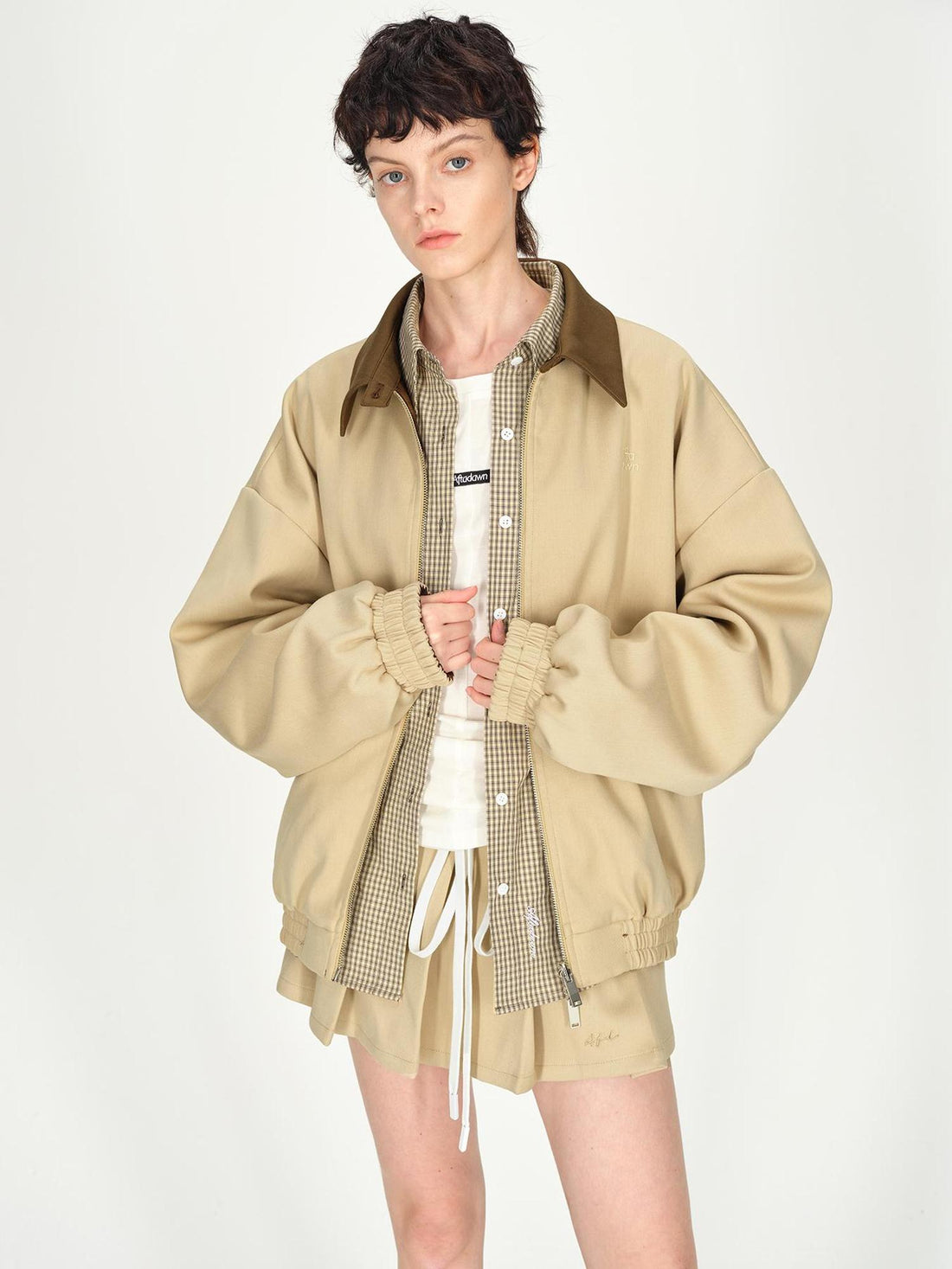 AFTADAWN Two Tone Leather Collar Reversible Plaid Jacket