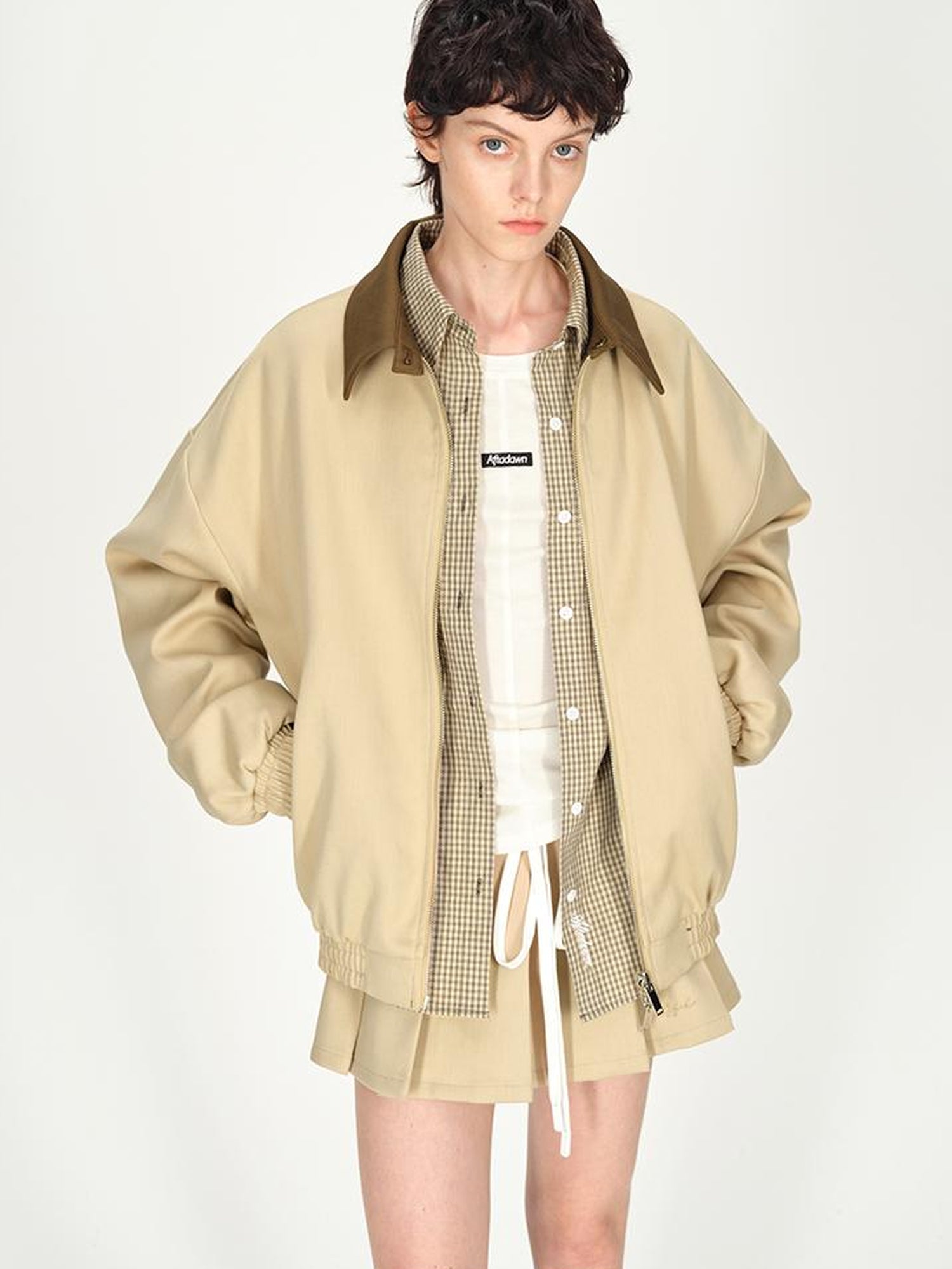 AFTADAWN Two Tone Leather Collar Reversible Plaid Jacket