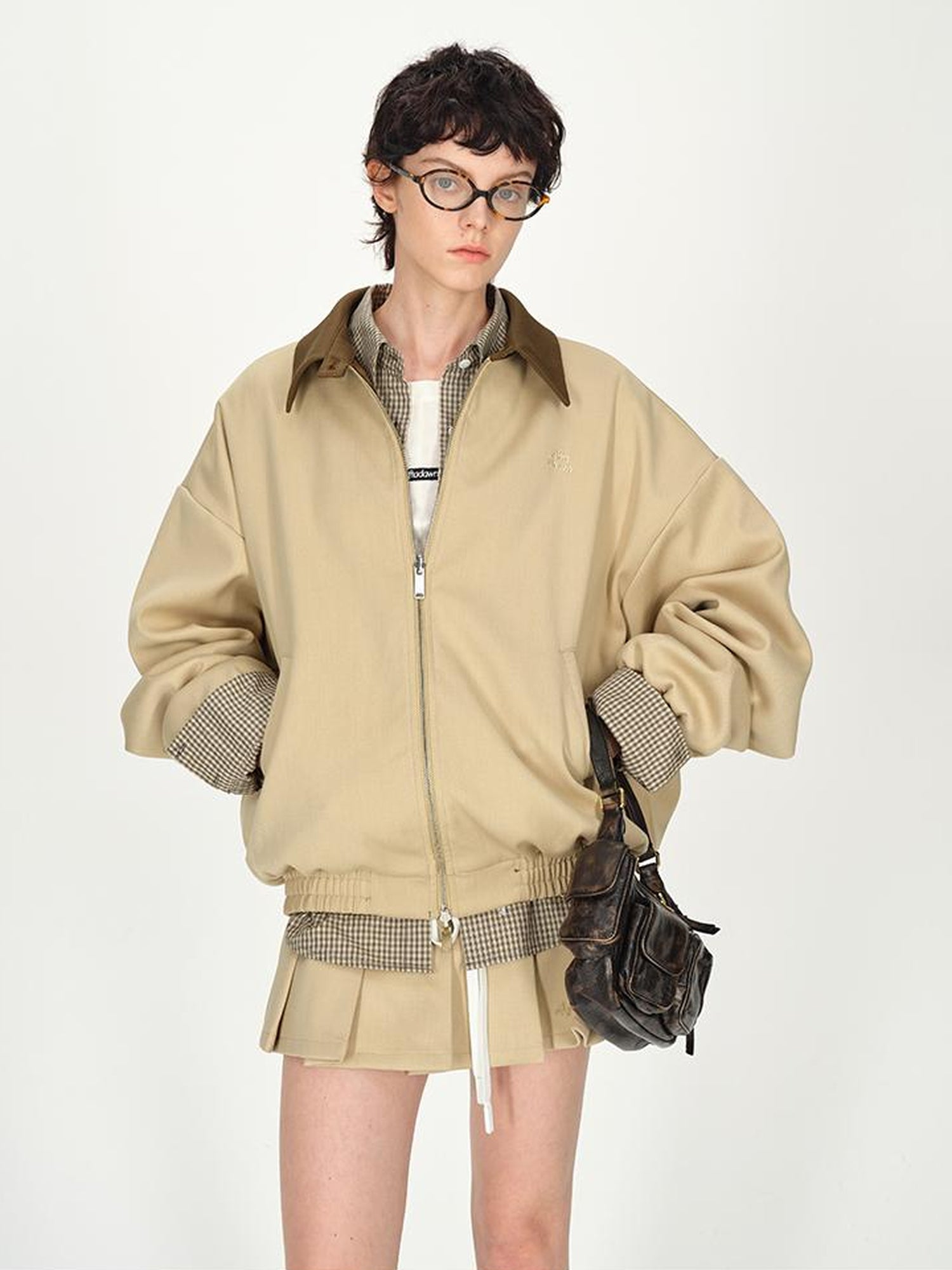 AFTADAWN Two Tone Leather Collar Reversible Plaid Jacket