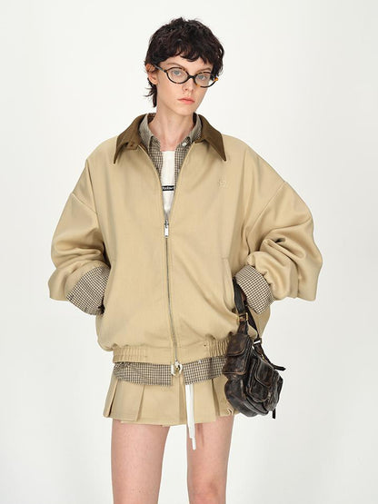 AFTADAWN Two Tone Leather Collar Reversible Plaid Jacket