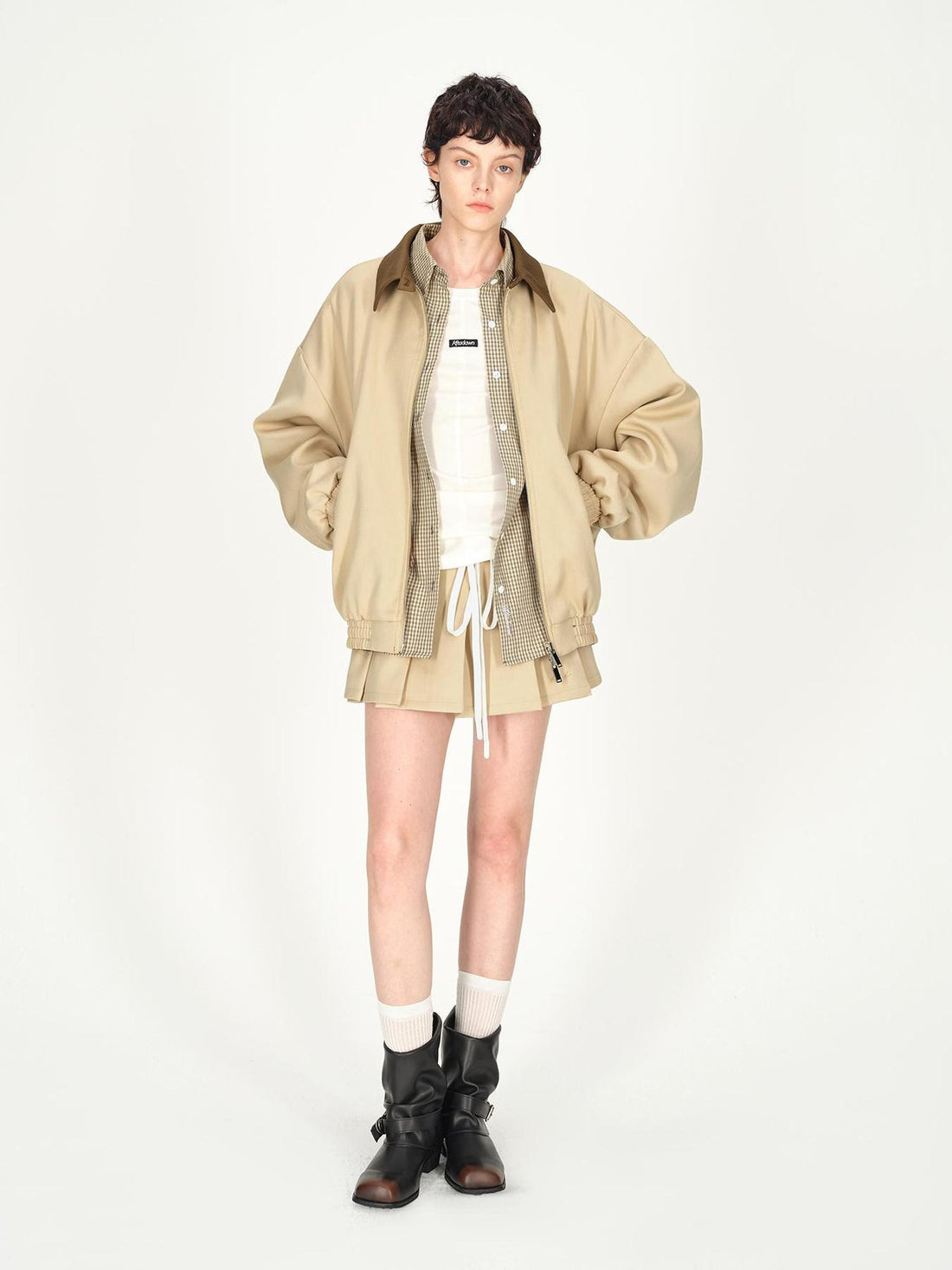 AFTADAWN Two Tone Leather Collar Reversible Plaid Jacket