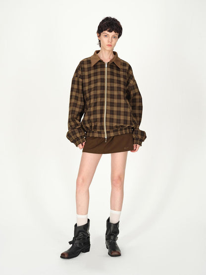 AFTADAWN Two Tone Leather Collar Reversible Plaid Jacket