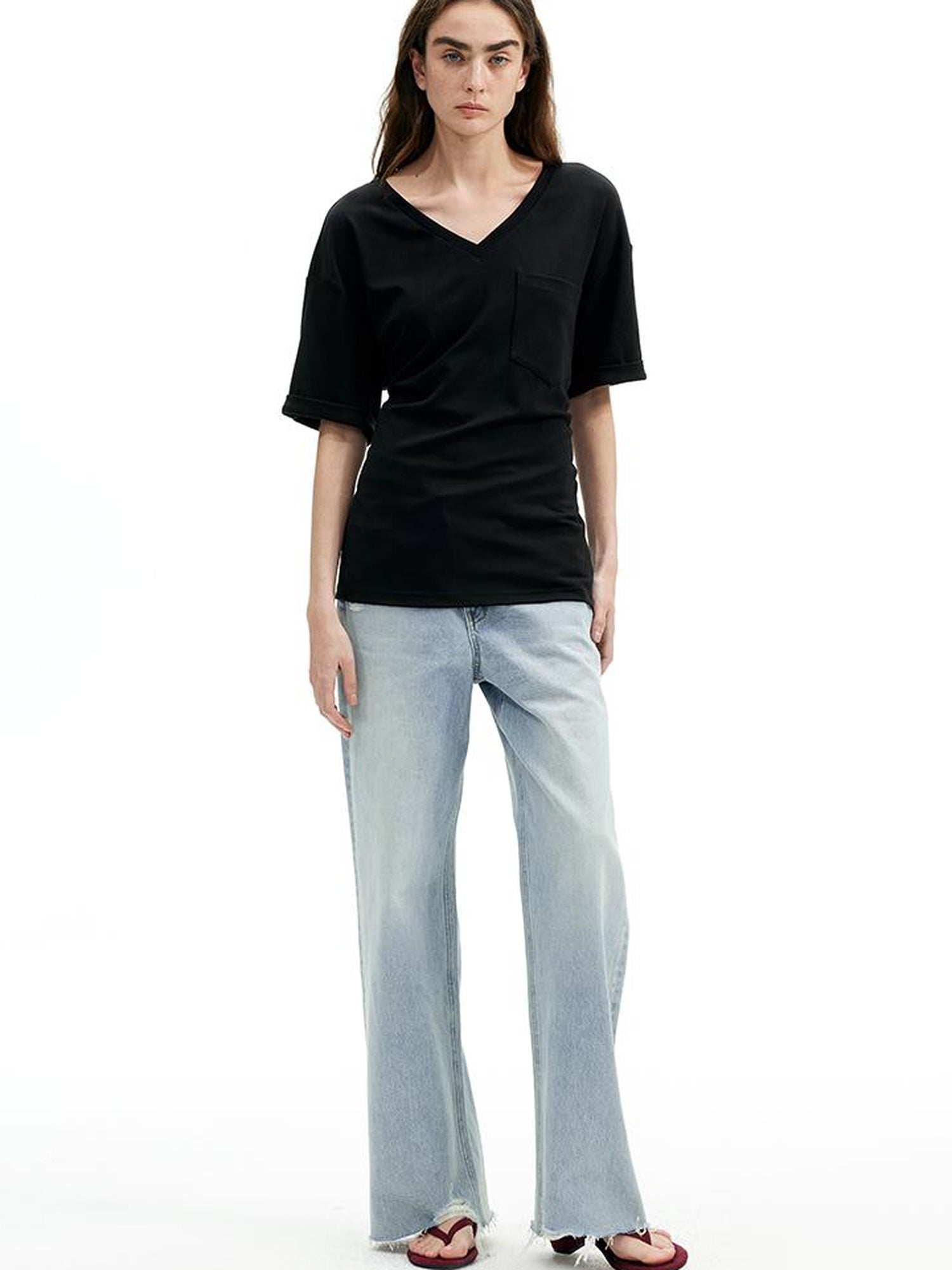 AFTADAWN Two Tone V-Neck Convertible Back Buckle Waist Slim Fit Short Sleeve T-Shirt
