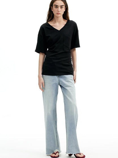 AFTADAWN Two Tone V-Neck Convertible Back Buckle Waist Slim Fit Short Sleeve T-Shirt
