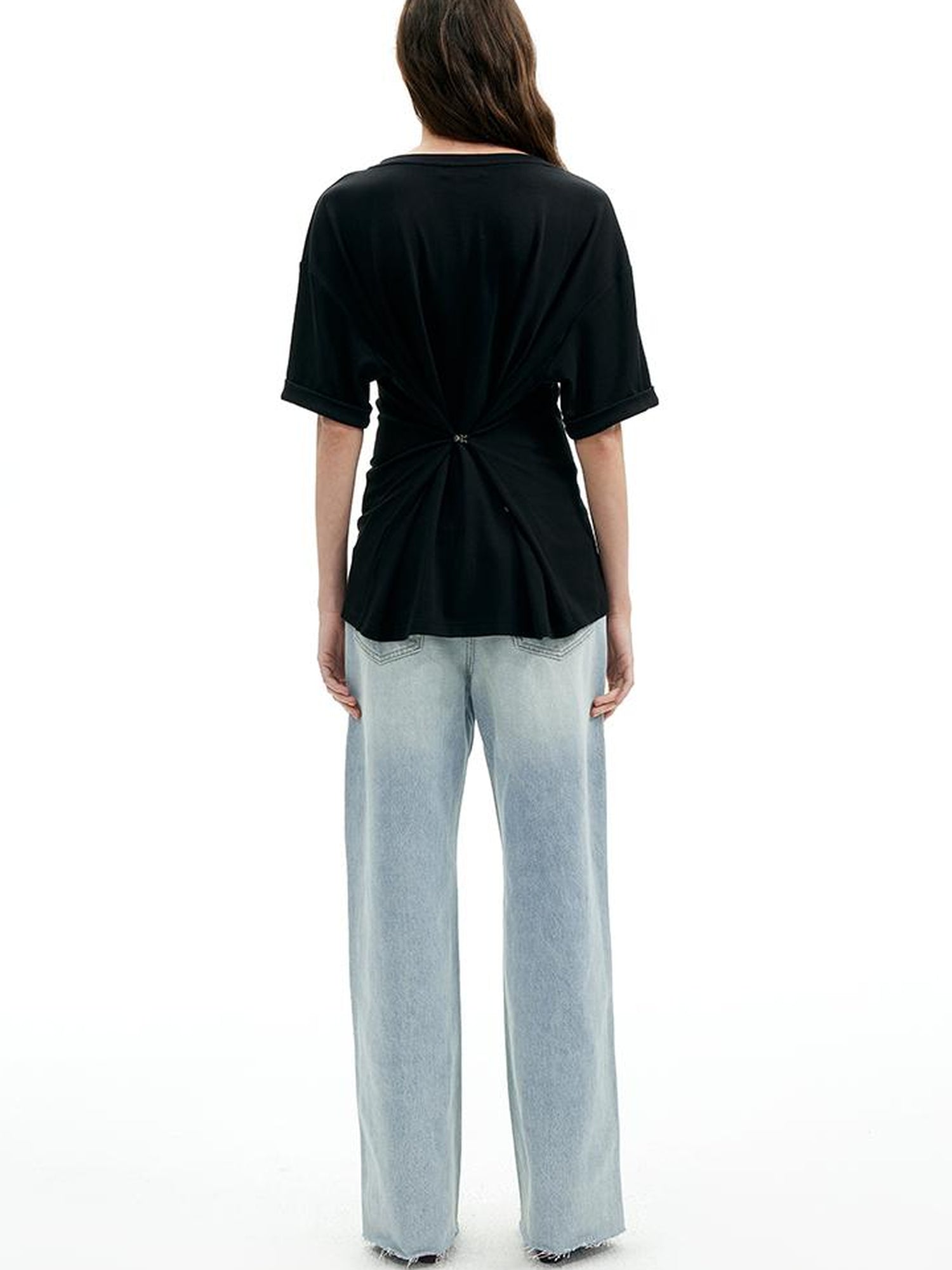 AFTADAWN Two Tone V-Neck Convertible Back Buckle Waist Slim Fit Short Sleeve T-Shirt