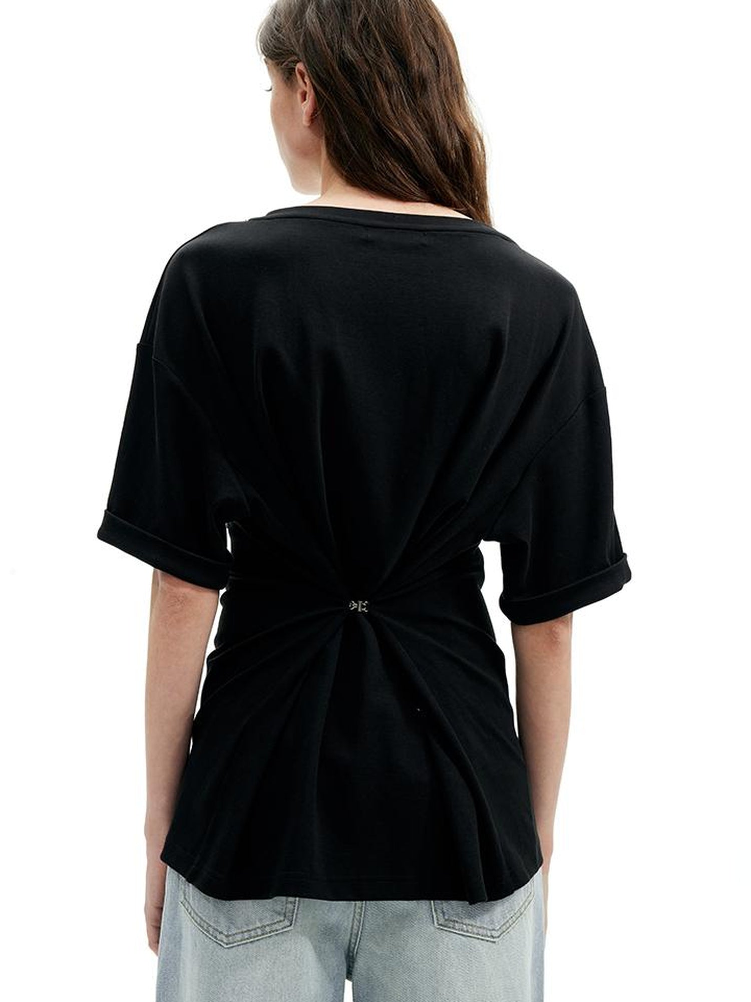 AFTADAWN Two Tone V-Neck Convertible Back Buckle Waist Slim Fit Short Sleeve T-Shirt