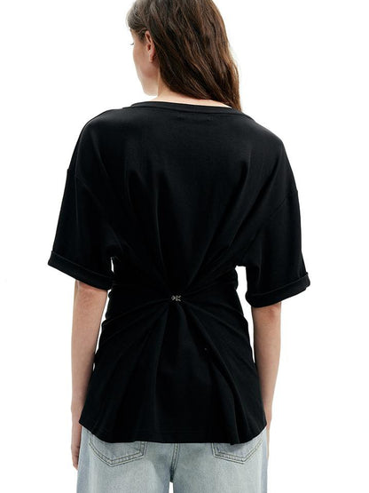 AFTADAWN Two Tone V-Neck Convertible Back Buckle Waist Slim Fit Short Sleeve T-Shirt