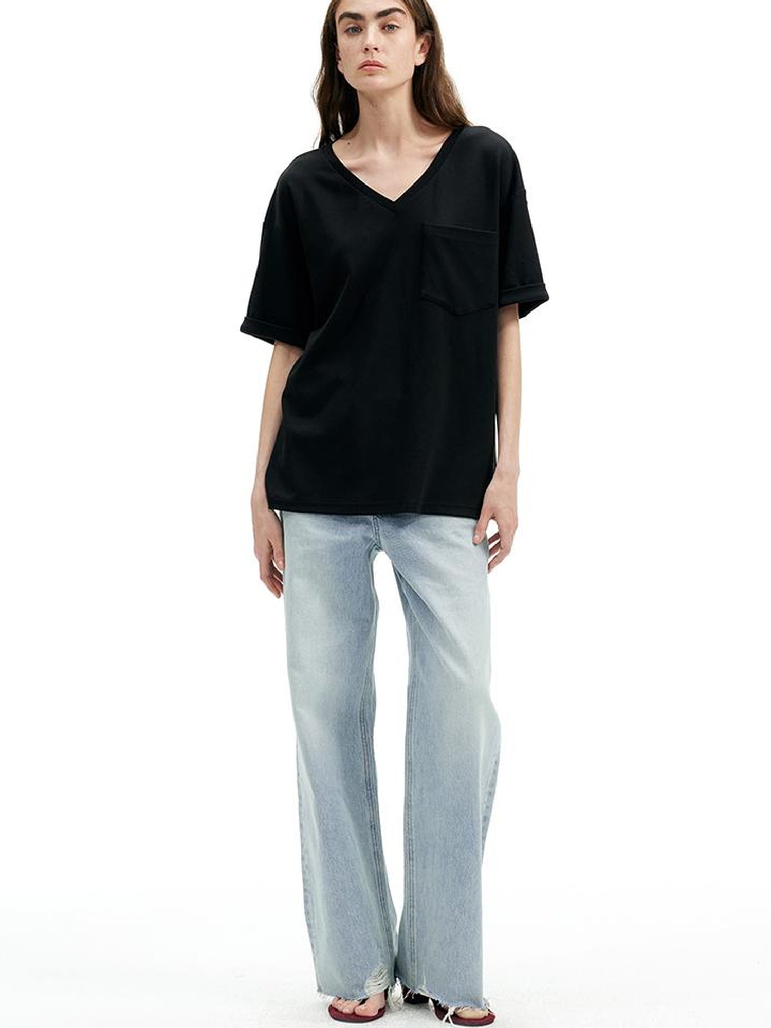 AFTADAWN Two Tone V-Neck Convertible Back Buckle Waist Slim Fit Short Sleeve T-Shirt