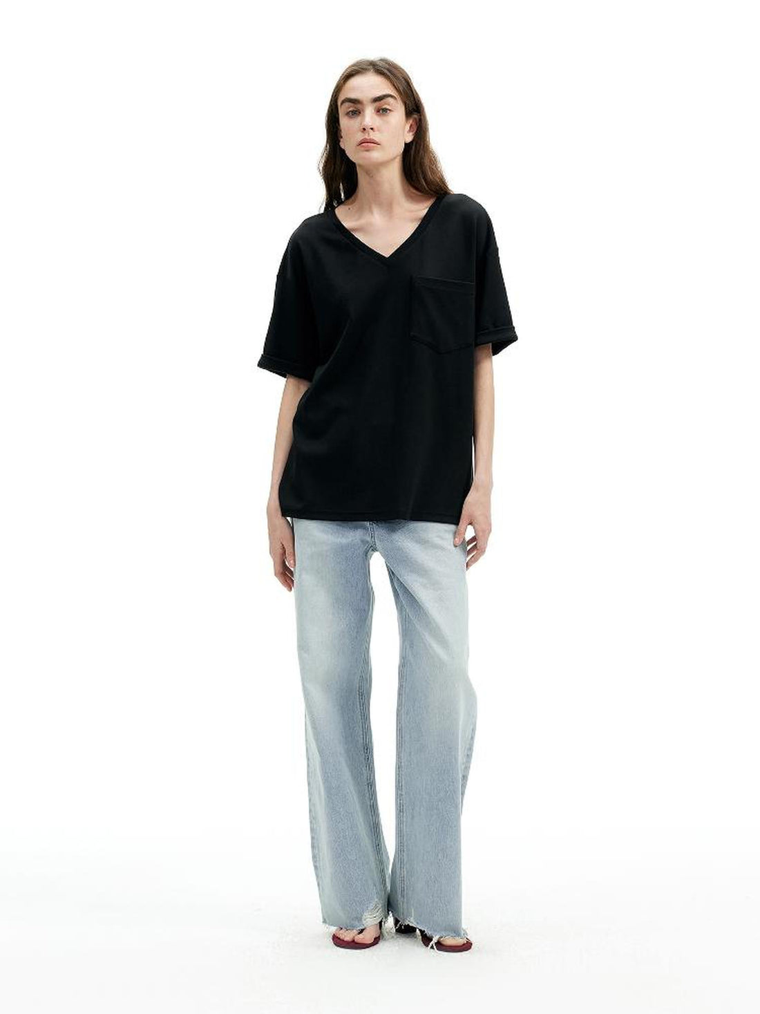 AFTADAWN Two Tone V-Neck Convertible Back Buckle Waist Slim Fit Short Sleeve T-Shirt