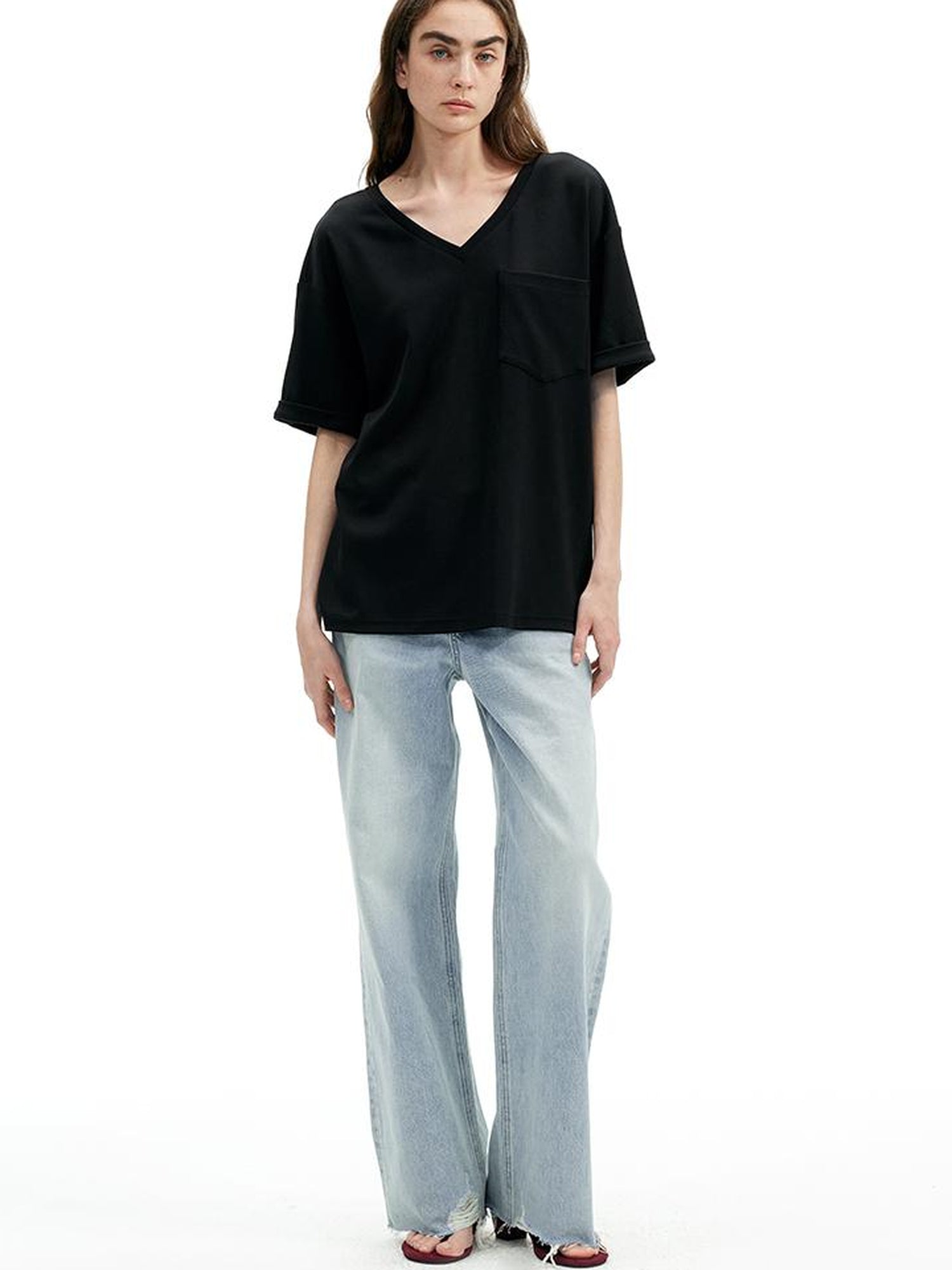 AFTADAWN Two Tone V-Neck Convertible Back Buckle Waist Slim Fit Short Sleeve T-Shirt