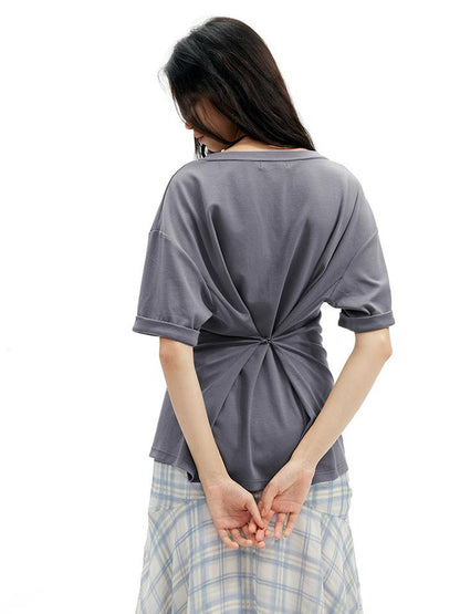 AFTADAWN Two Tone V-Neck Convertible Back Buckle Waist Slim Fit Short Sleeve T-Shirt