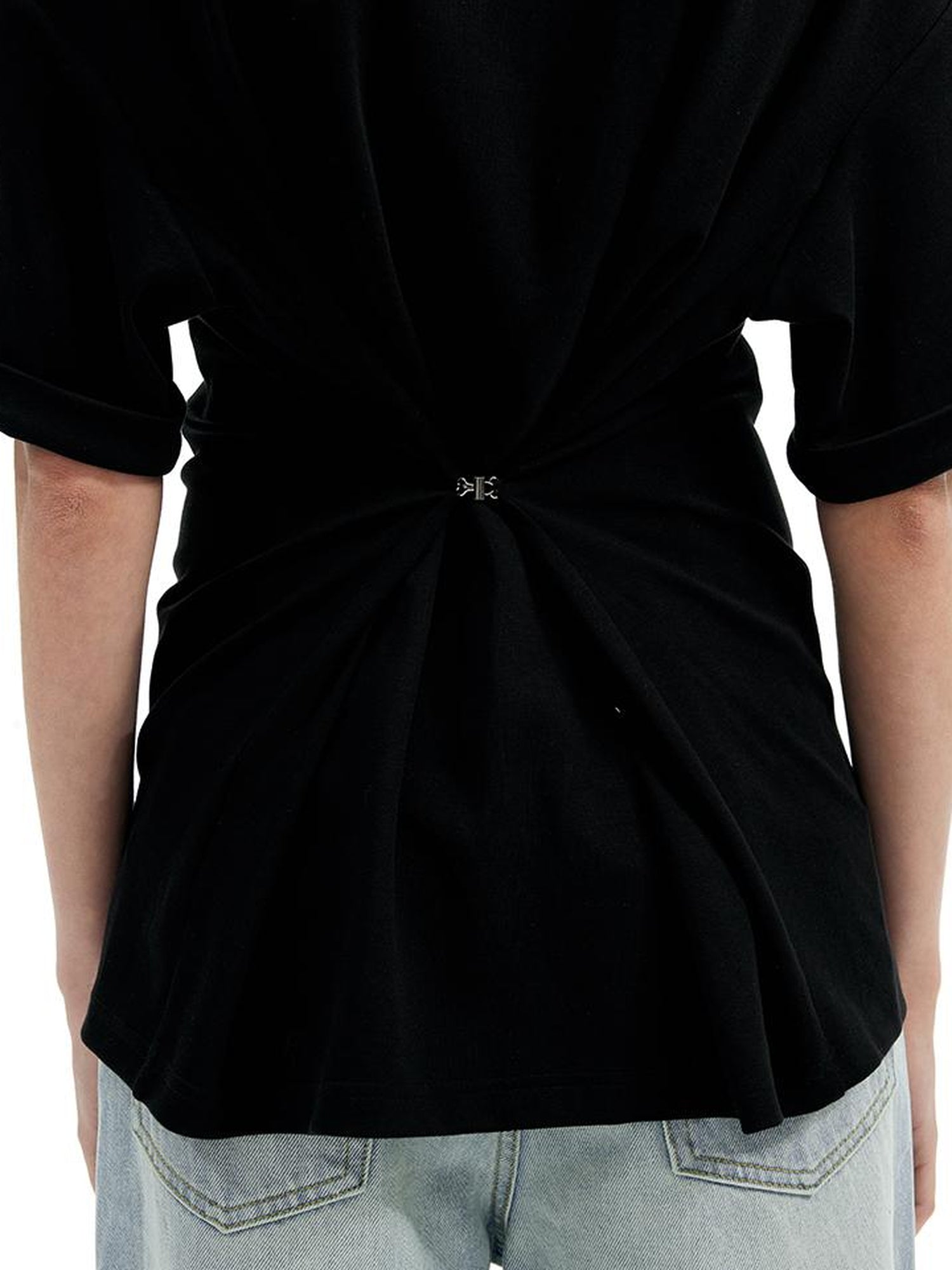 AFTADAWN Two Tone V-Neck Convertible Back Buckle Waist Slim Fit Short Sleeve T-Shirt