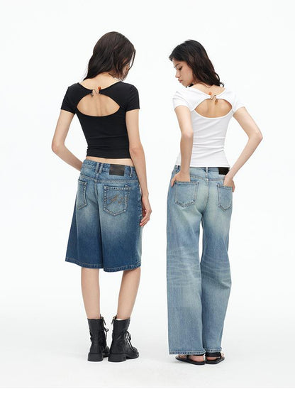 AFTADAWN U Neck Lace Up Back Short Sleeve Top