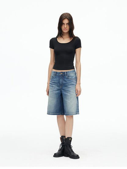 AFTADAWN U Neck Lace Up Back Short Sleeve Top
