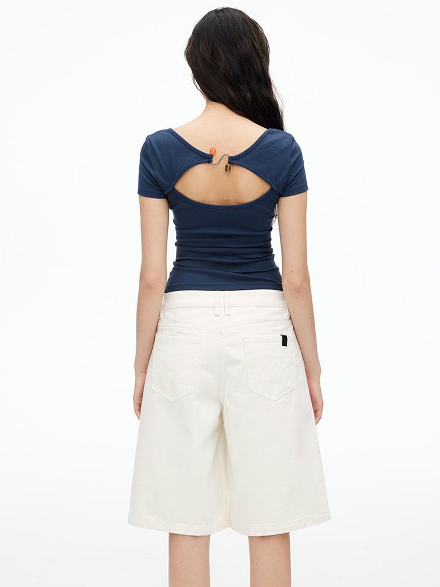 AFTADAWN U Neck Lace Up Back Short Sleeve Top