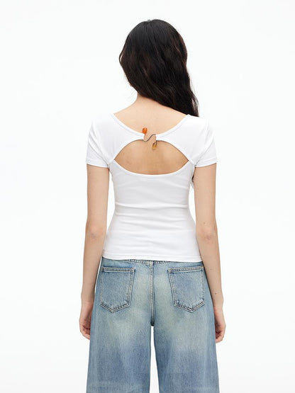 AFTADAWN U Neck Lace Up Back Short Sleeve Top