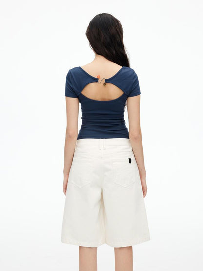 AFTADAWN U Neck Lace Up Back Short Sleeve Top