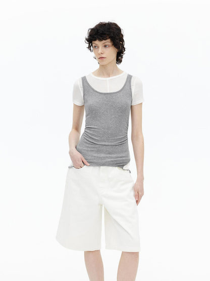AFTADAWN U Neck Merino Wool Layering Sleeveless Top With Built In Camisole
