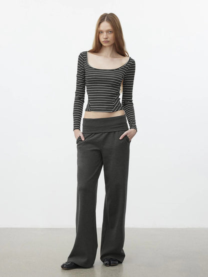 AFTADAWN U Neck Slim Fit Striped Tencel Top T-shirt