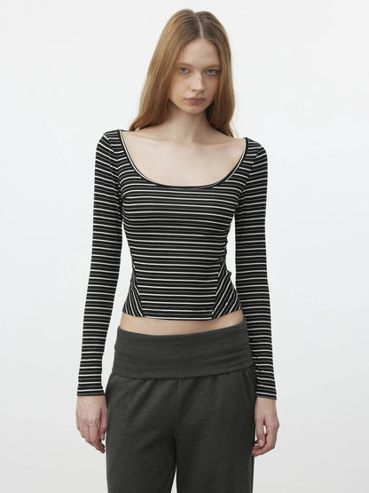 AFTADAWN U Neck Slim Fit Striped Tencel Top T-shirt