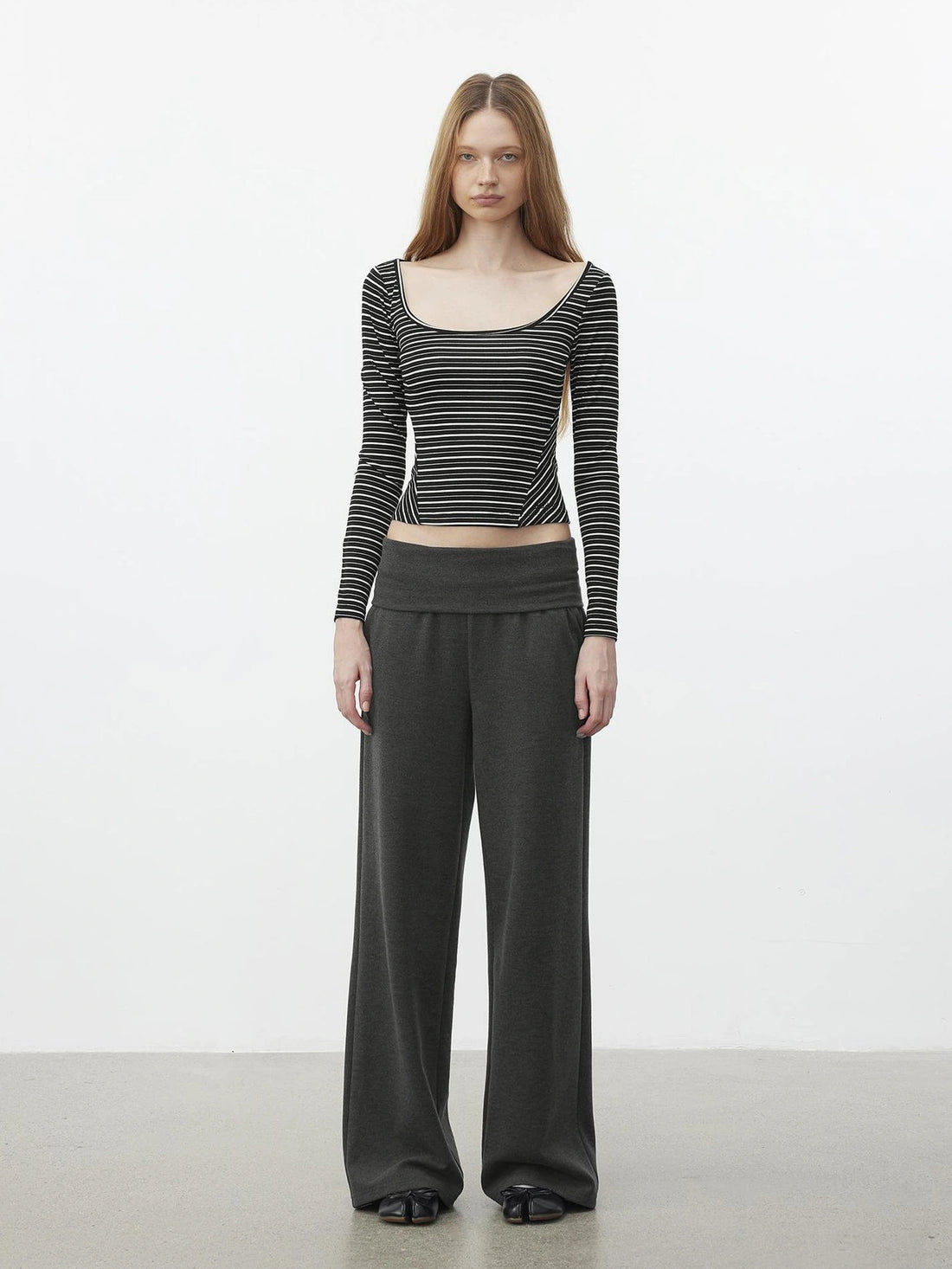 AFTADAWN U Neck Slim Fit Striped Tencel Top T-shirt