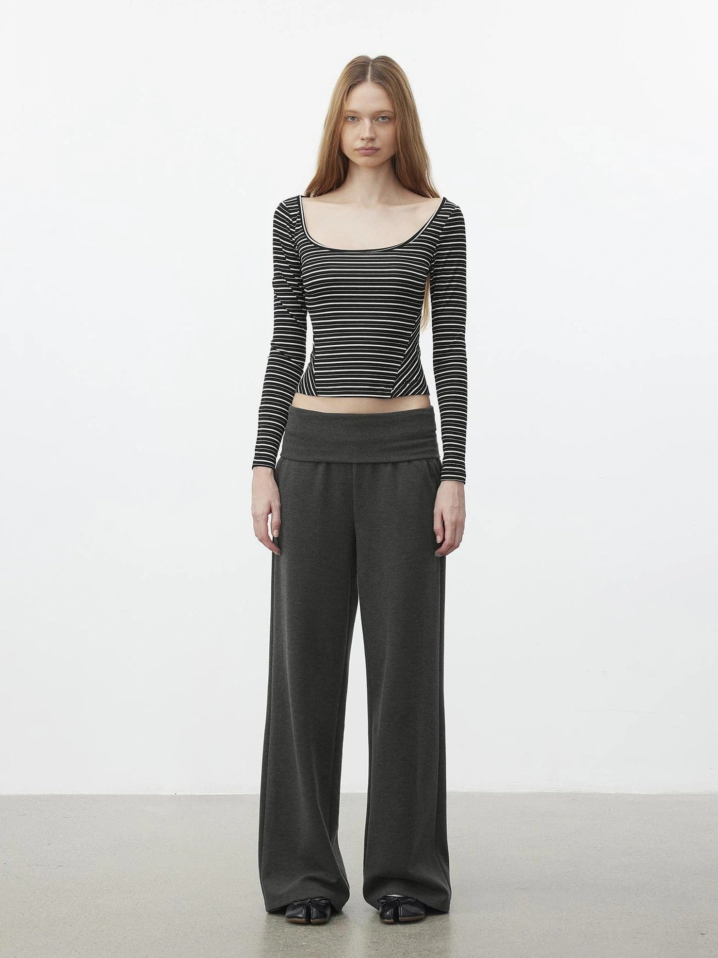 AFTADAWN U Neck Slim Fit Striped Tencel Top T-shirt