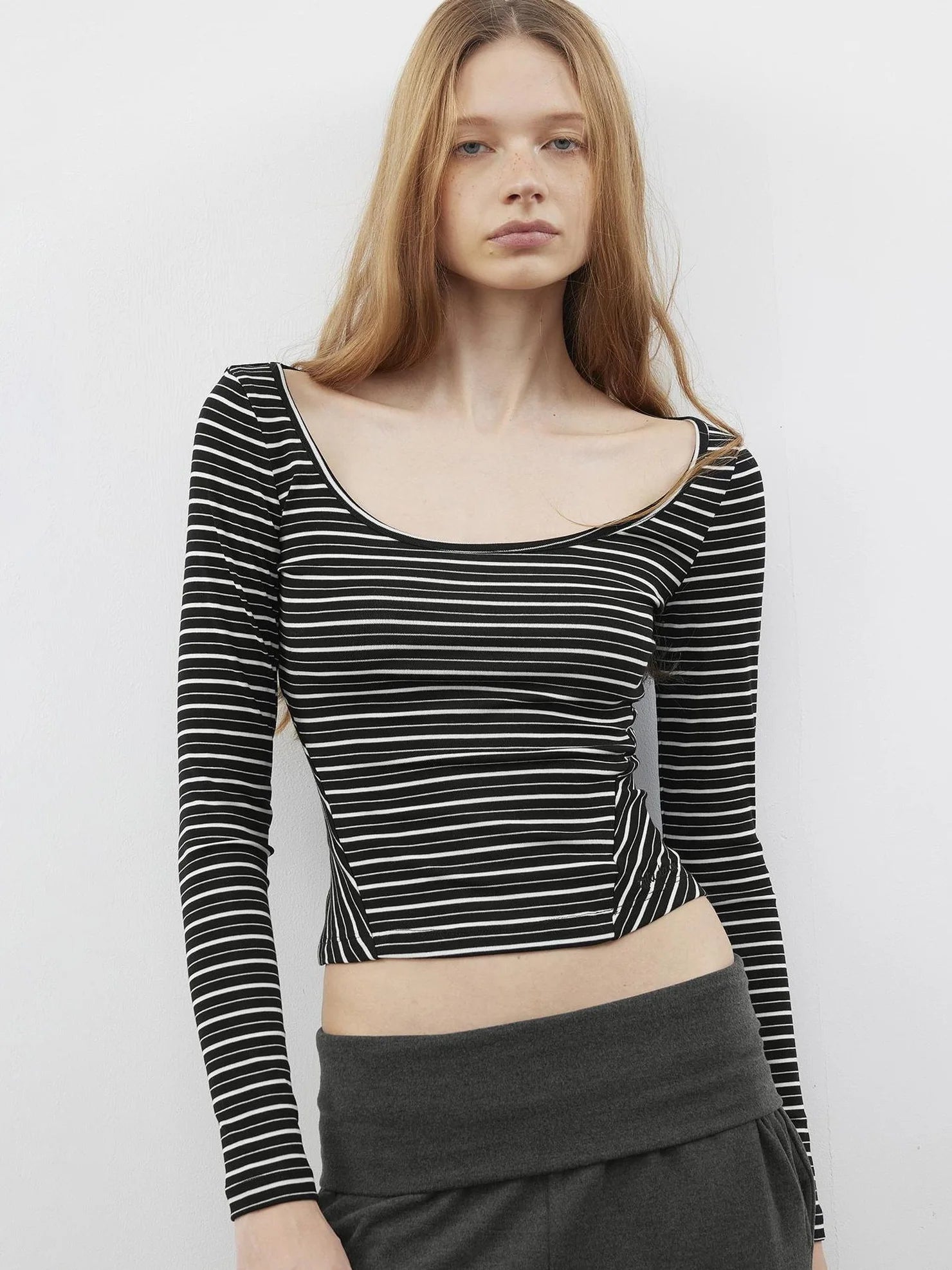 AFTADAWN U Neck Slim Fit Striped Tencel Top T-shirt