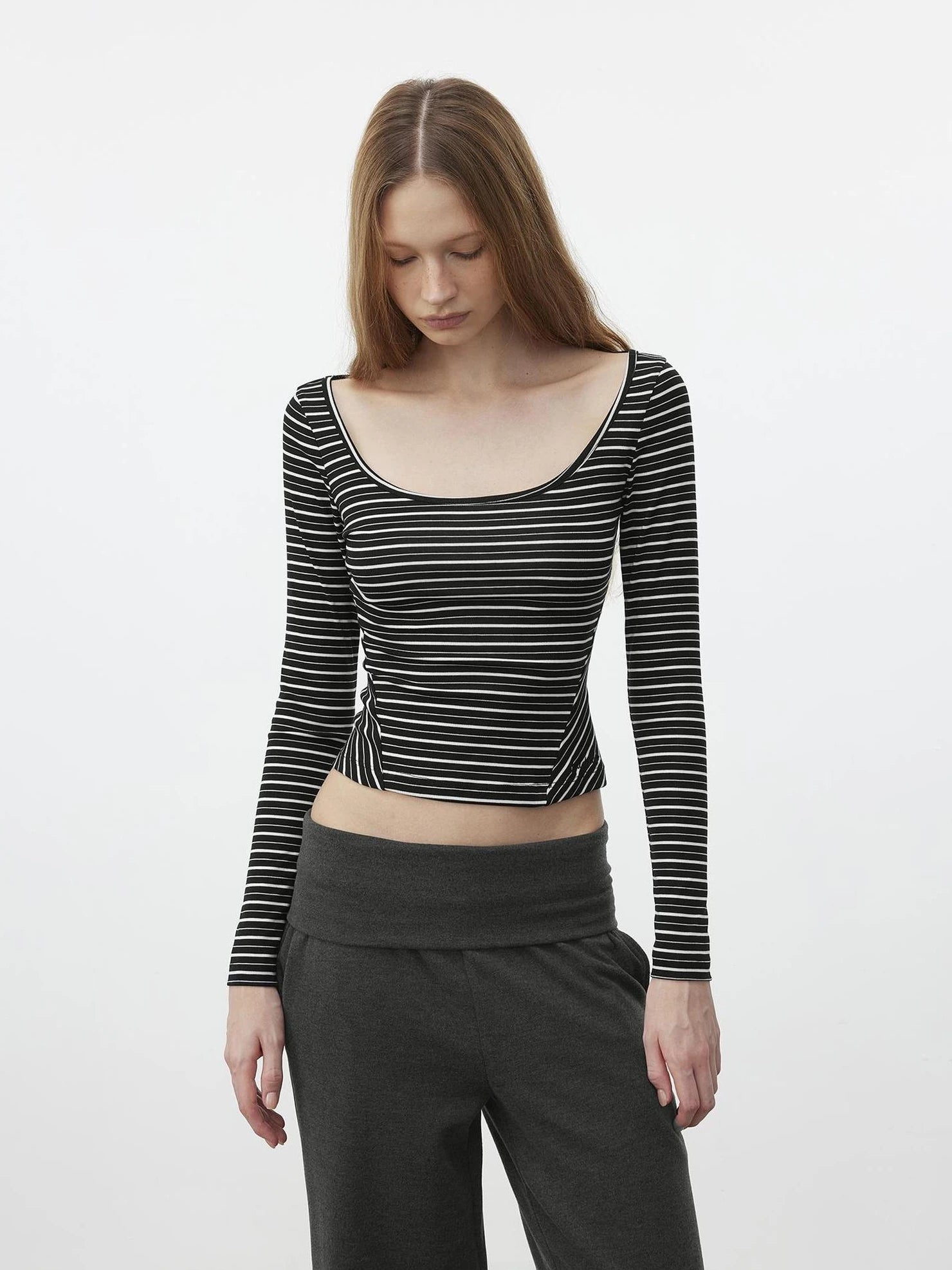 AFTADAWN U Neck Slim Fit Striped Tencel Top T-shirt