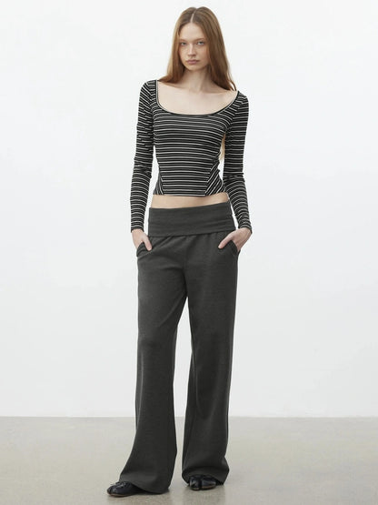 AFTADAWN U Neck Slim Fit Striped Tencel Top T-shirt