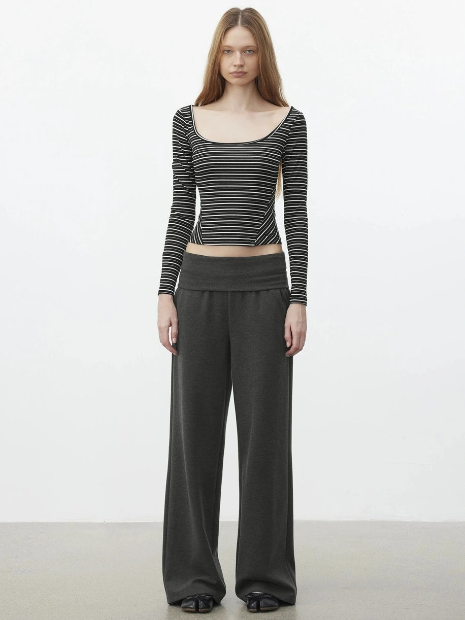 AFTADAWN U Neck Slim Fit Striped Tencel Top T-shirt