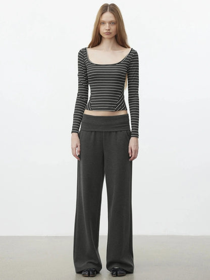 AFTADAWN U Neck Slim Fit Striped Tencel Top T-shirt