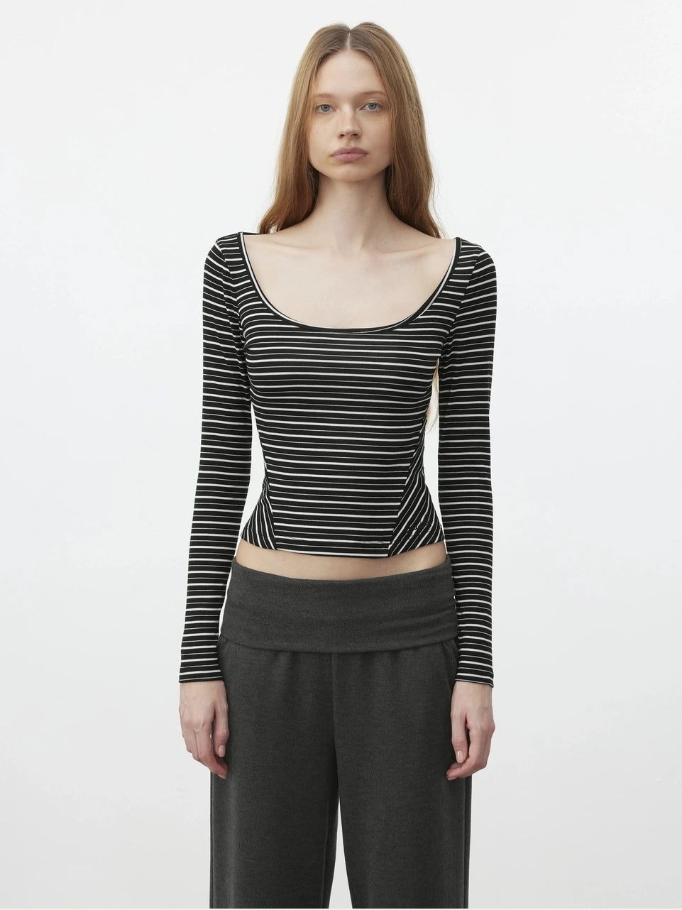AFTADAWN U Neck Slim Fit Striped Tencel Top T-shirt