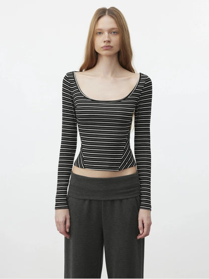 AFTADAWN U Neck Slim Fit Striped Tencel Top T-shirt