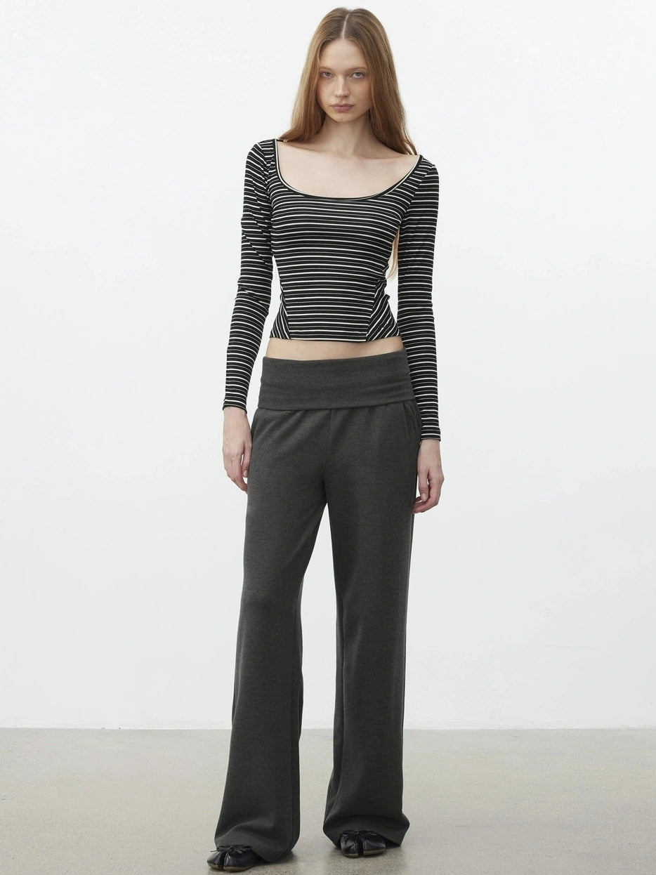 AFTADAWN U Neck Slim Fit Striped Tencel Top T-shirt