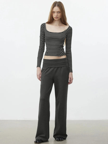 AFTADAWN U Neck Slim Fit Striped Tencel Top T-shirt