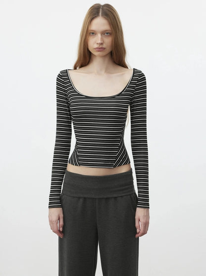 AFTADAWN U Neck Slim Fit Striped Tencel Top T-shirt