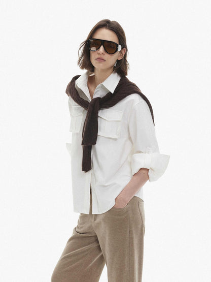 AFTADAWN Utility Pocket Roll Up Sleeve Solid Lyocell Women&
