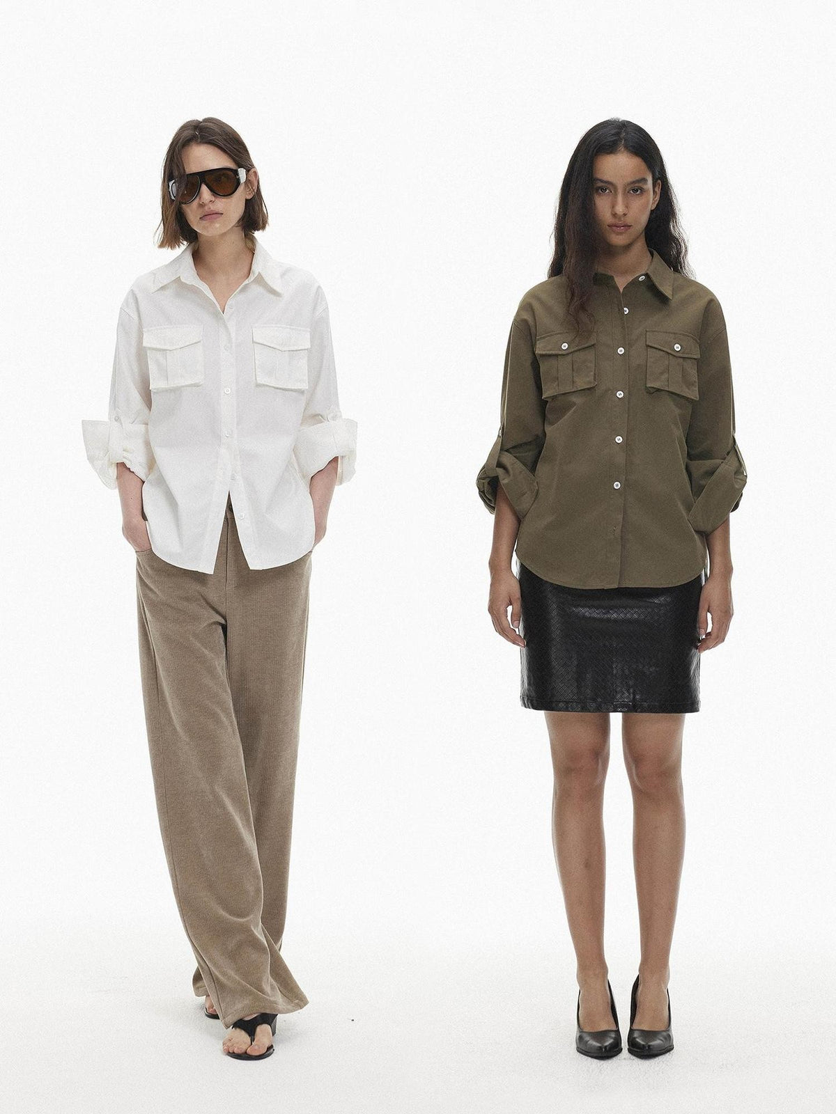 AFTADAWN Utility Pocket Roll Up Sleeve Solid Lyocell Women&