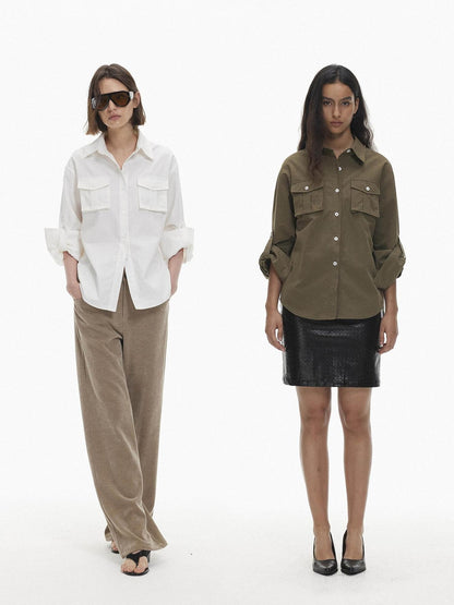 AFTADAWN Utility Pocket Roll Up Sleeve Solid Lyocell Women&