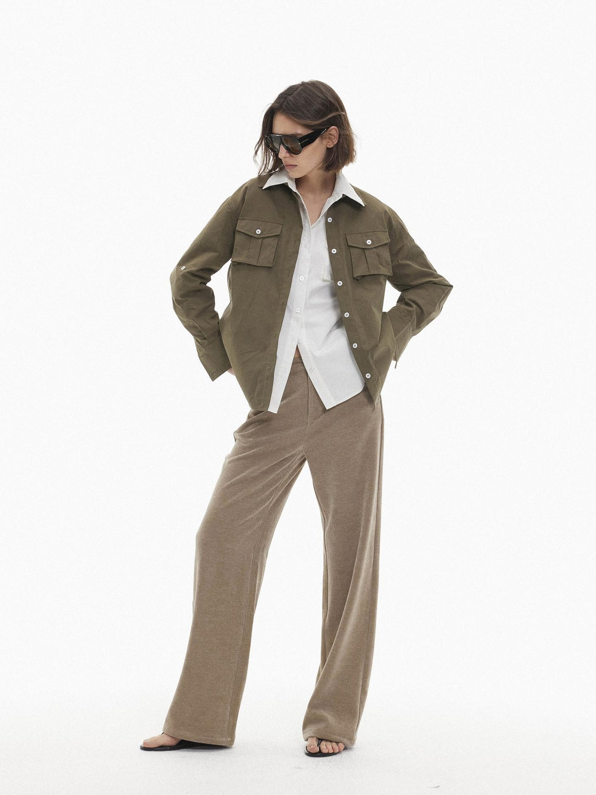 AFTADAWN Utility Pocket Roll Up Sleeve Solid Lyocell Women&