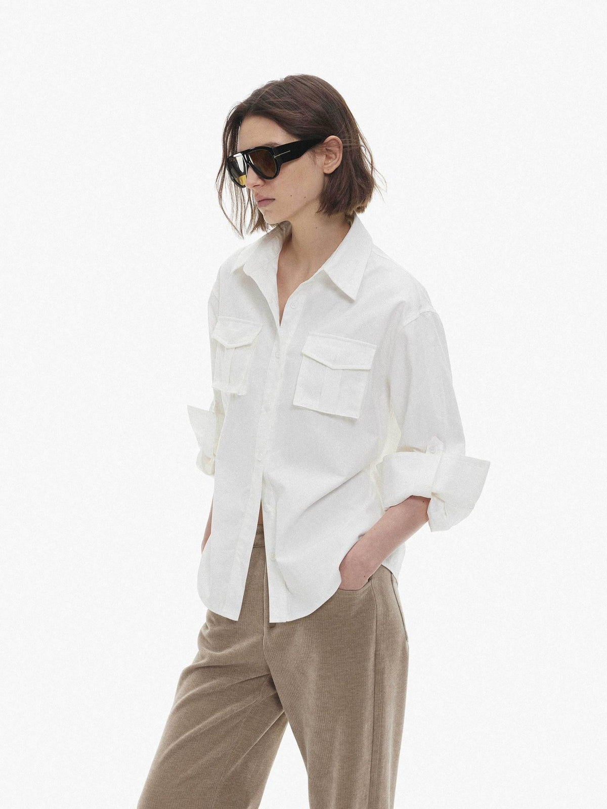 AFTADAWN Utility Pocket Roll Up Sleeve Solid Lyocell Women&