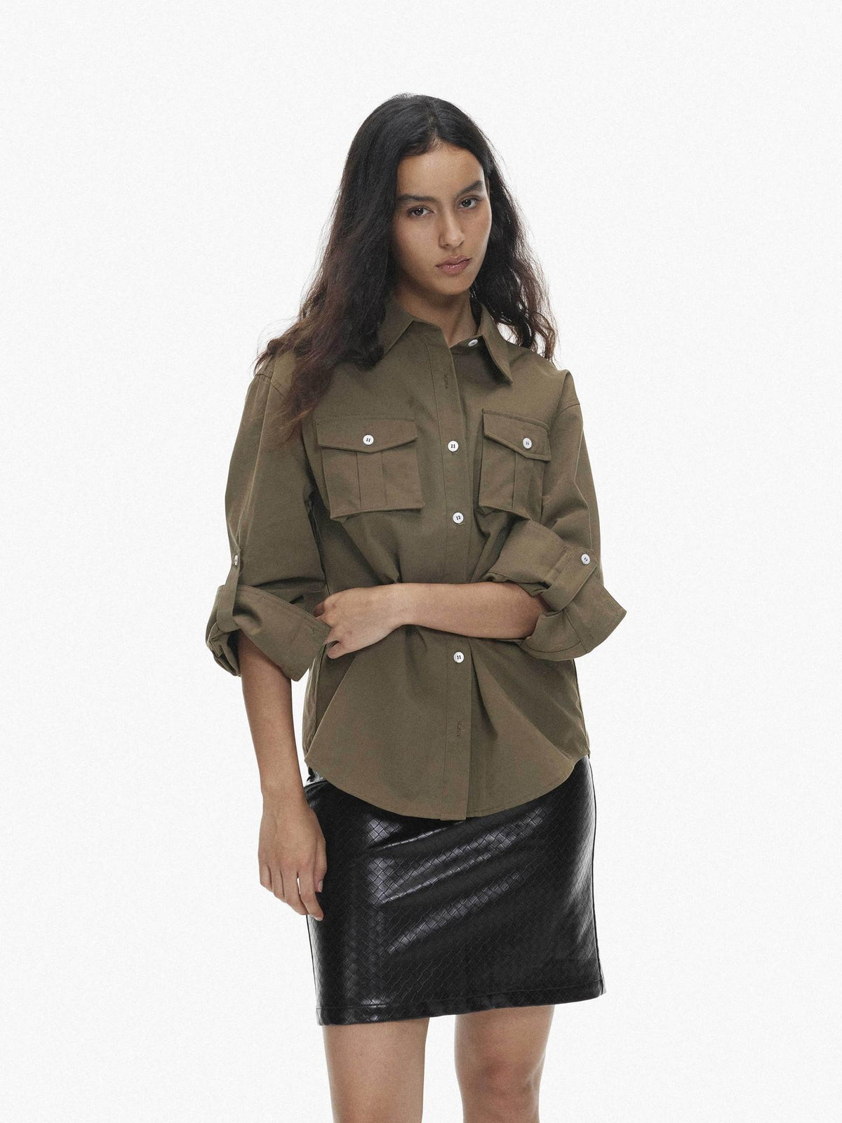 AFTADAWN Utility Pocket Roll Up Sleeve Solid Lyocell Women&