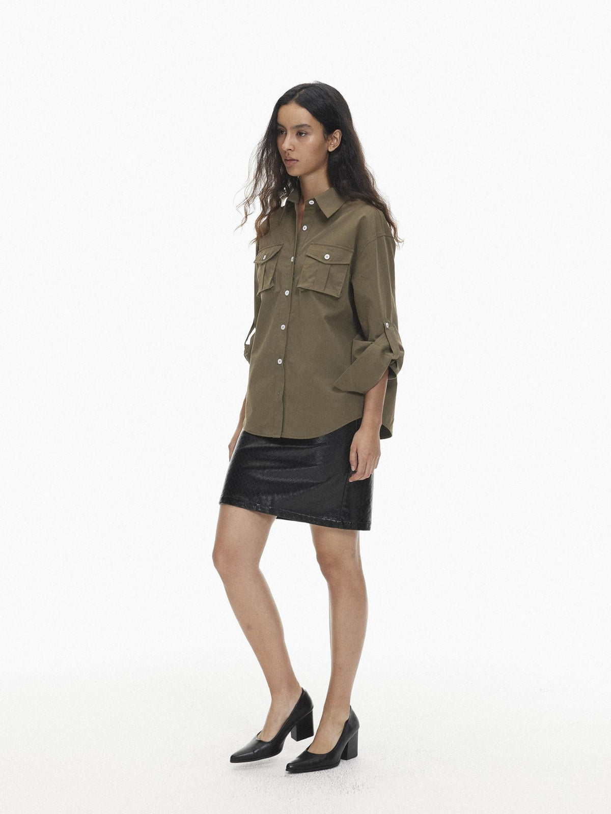 AFTADAWN Utility Pocket Roll Up Sleeve Solid Lyocell Women&