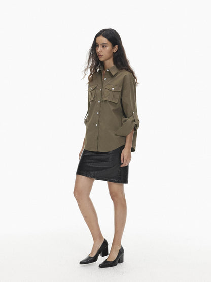 AFTADAWN Utility Pocket Roll Up Sleeve Solid Lyocell Women&