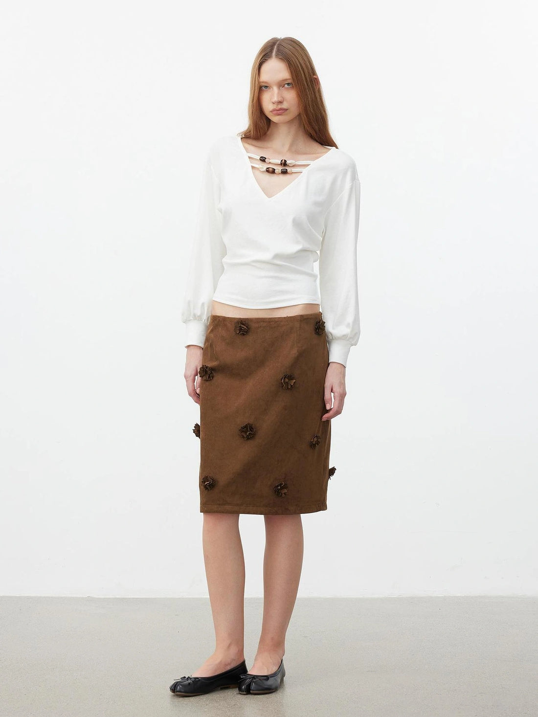 AFTADAWN V-Neck Beaded Lantern Sleeve Crop Top T-shirt