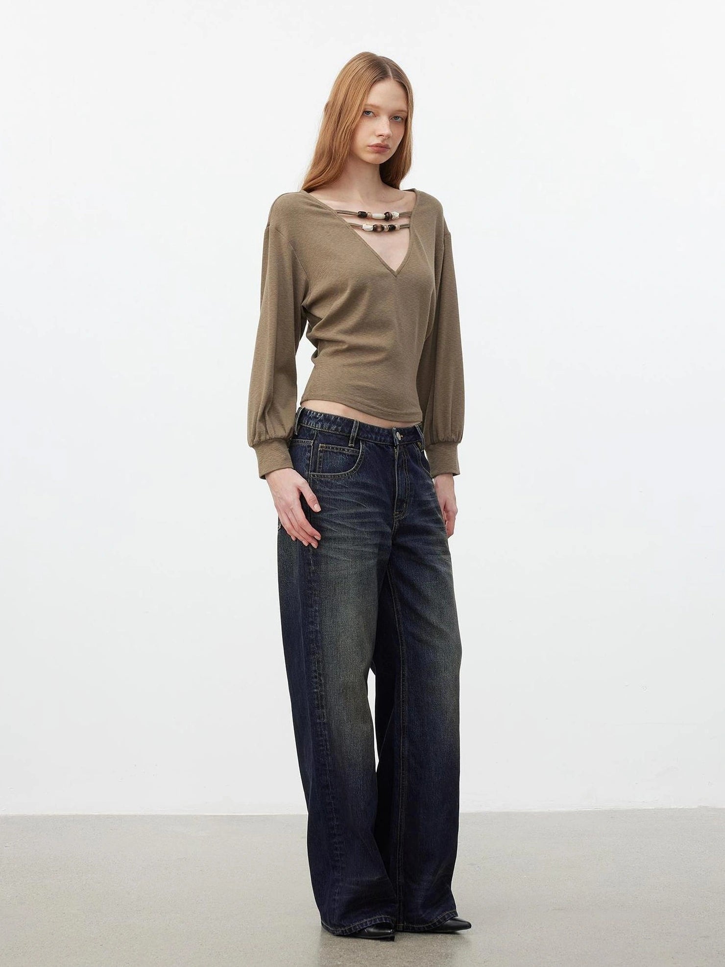 AFTADAWN V-Neck Beaded Lantern Sleeve Crop Top T-shirt