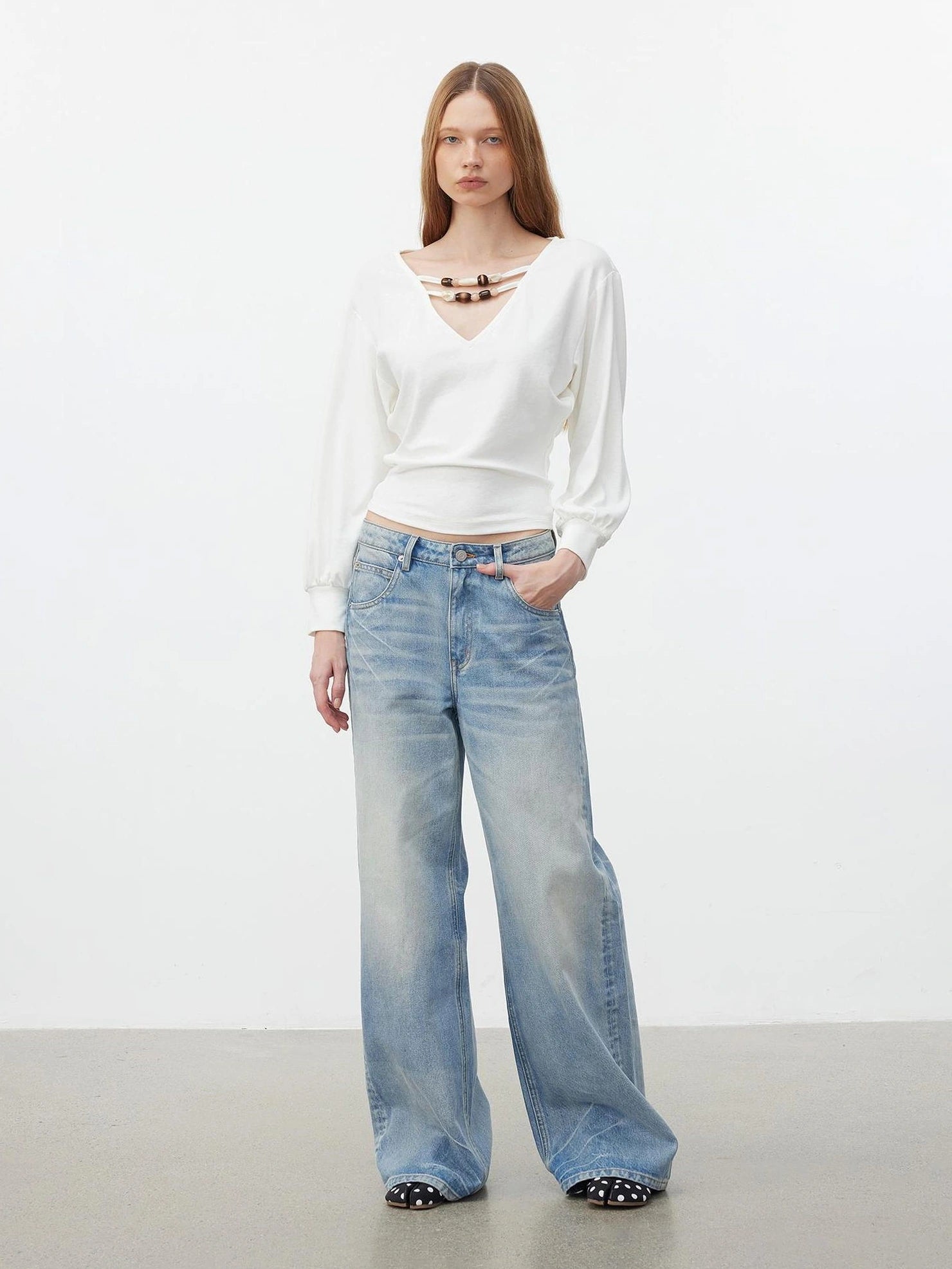 AFTADAWN V-Neck Beaded Lantern Sleeve Crop Top T-shirt