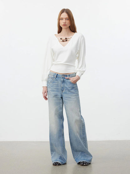 AFTADAWN V-Neck Beaded Lantern Sleeve Crop Top T-shirt