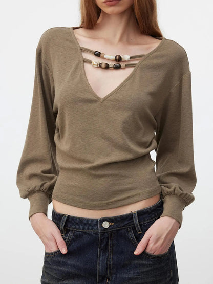 AFTADAWN V-Neck Beaded Lantern Sleeve Crop Top T-shirt