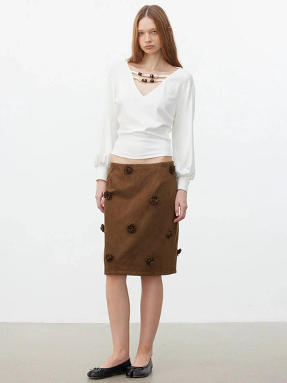 AFTADAWN V-Neck Beaded Lantern Sleeve Crop Top T-shirt